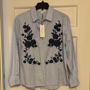 Blue and White Embroidered Pinstripe Blouse